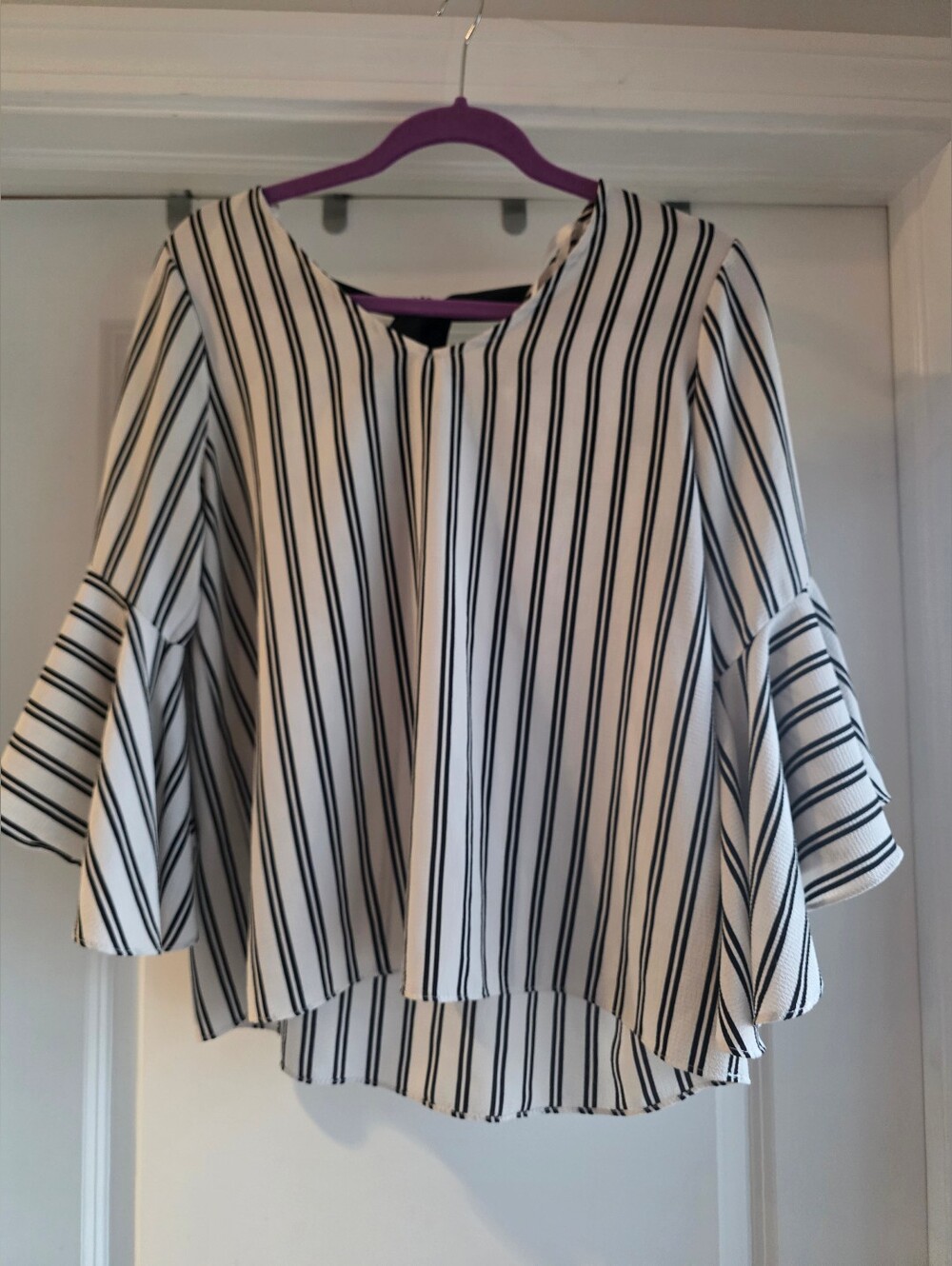 Green Envelope Black and White Striped Bell Sleeve Top